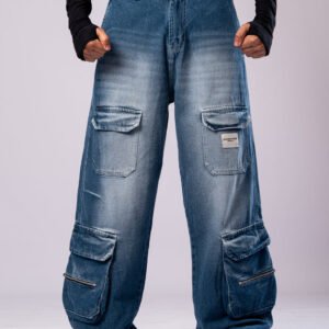 Faded Blue 8-Pocket Baggy Cargo Jeans for Men