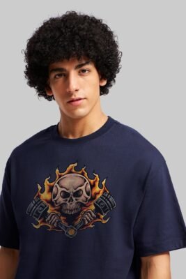 Skull Rider Navy Blue Oversized Fit T-Shirt Men