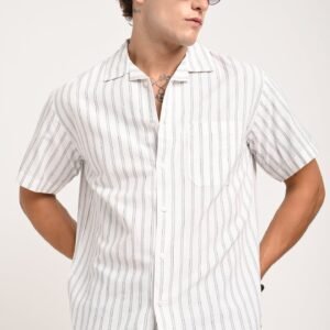 White Striped Cuban Collar Shirt