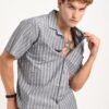 Grey Striped Cuban Collar Shirt