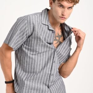 Grey Striped Cuban Collar Shirt
