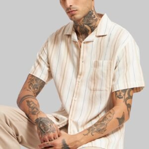 Beige Striped Textured Cuban Collar Shirt
