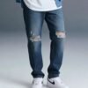 Dark Blue Mid Rise Distressed Men's Relaxed Jeans