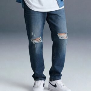 Dark Blue Mid Rise Distressed Men's Relaxed Jeans