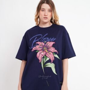 Pink Flower Navy Blue Oversized Fit T-Shirt Women