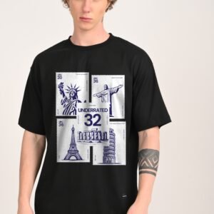 World Tour Stamps Black Oversized Fit T-Shirt Men