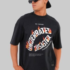Disaster Flames Black Baggy Fit T-Shirt Men