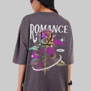 Romance Graphic Printed Dark Grey Baggy Fit T-Shirt Women