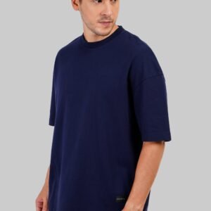 Solid Navy Blue Half Sleeves T-Shirt For Men Baggy Fit