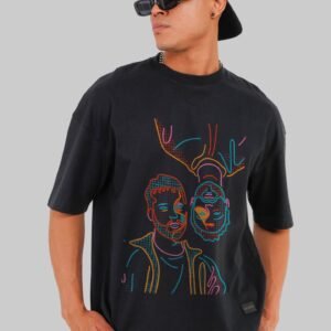 Two Men Line Art Black Baggy Fit T-Shirt Men