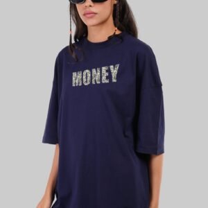 Money Print Navy Blue Baggy Fit T-Shirt Women