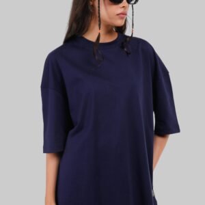 Solid Navy Blue Half Sleeves T-Shirt For Women Baggy Fit