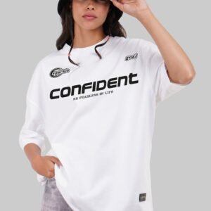 Confident Typographic White Baggy Fit T-Shirt Women