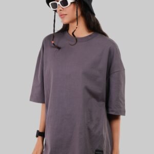 Solid Dark Grey Half Sleeves T-Shirt For Women Baggy Fit
