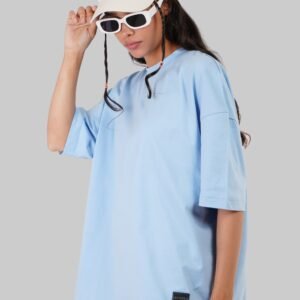 Solid Powder Blue Half Sleeves T-Shirt For Women Baggy Fit