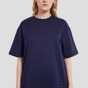 Solid Navy Blue Half Sleeves T-Shirt For Women Oversized Fit