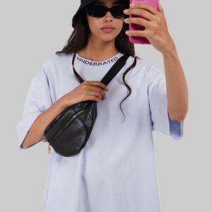 Powder Blue Neck Logo Print Oversized T-Shirt For Women