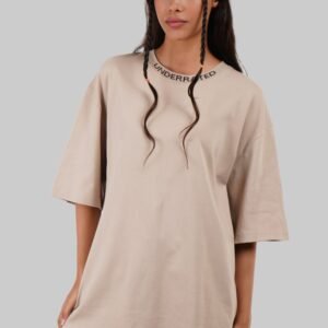 Beige Neck Logo Print Oversized T-Shirt For Women