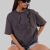 Solid Dark Grey Half Sleeves T-Shirt For Women Oversized Fit