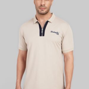 Beige Contrast Zipper Placket Polo T-Shirt