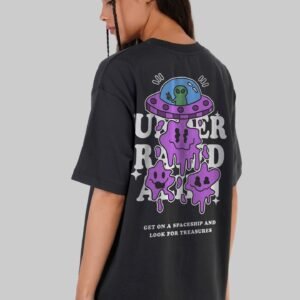 Spaceship Treasure Black Oversized Fit T-Shirt Women