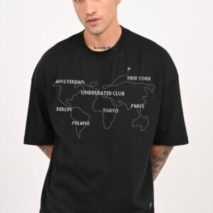 World Map Travel Black Baggy Fit T-Shirt Men