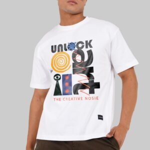 Unlock the Creative Noise Art Print White Oversized Fit T-Shirt Men