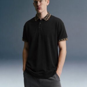 Black Patchwork Collar Polo T-Shirt