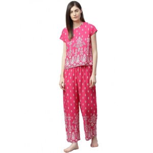 Casual Short Sleeve Printed Rayon Top Pyjama Set