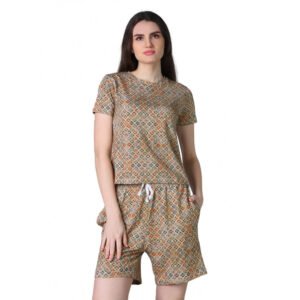 Trendy Cotton Blended Printed Round Neck Half Sleeve Top Shorts Set