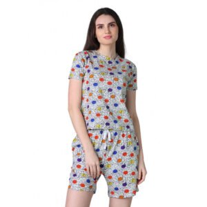 Trendy Cotton Blended Printed Round Neck Half Sleeve Top Shorts Set