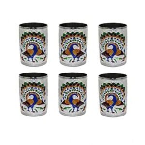 Fancy Steel Meenakari Peacock Design Decorative Glass Set