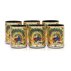 Fancy Steel Meenakari Peacock Design Decorative Glass Set