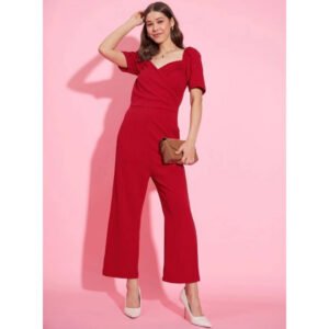 Sizzling Women's Polyester Lycra Solid Puff Sleeve Jumpsuit