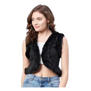 Elegant Women's Denim And Fur Solid Sleeveless Shrug