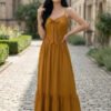 Mustard Bow-Tie Tiered Maxi Dress