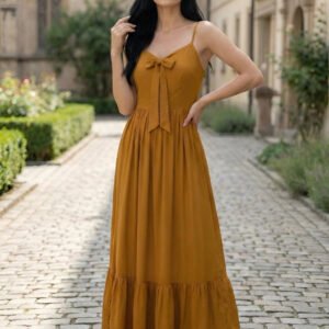 Mustard Bow-Tie Tiered Maxi Dress