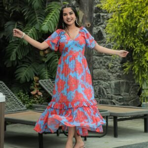 Butterfly Blue & Sunset Orange Maxi Dress